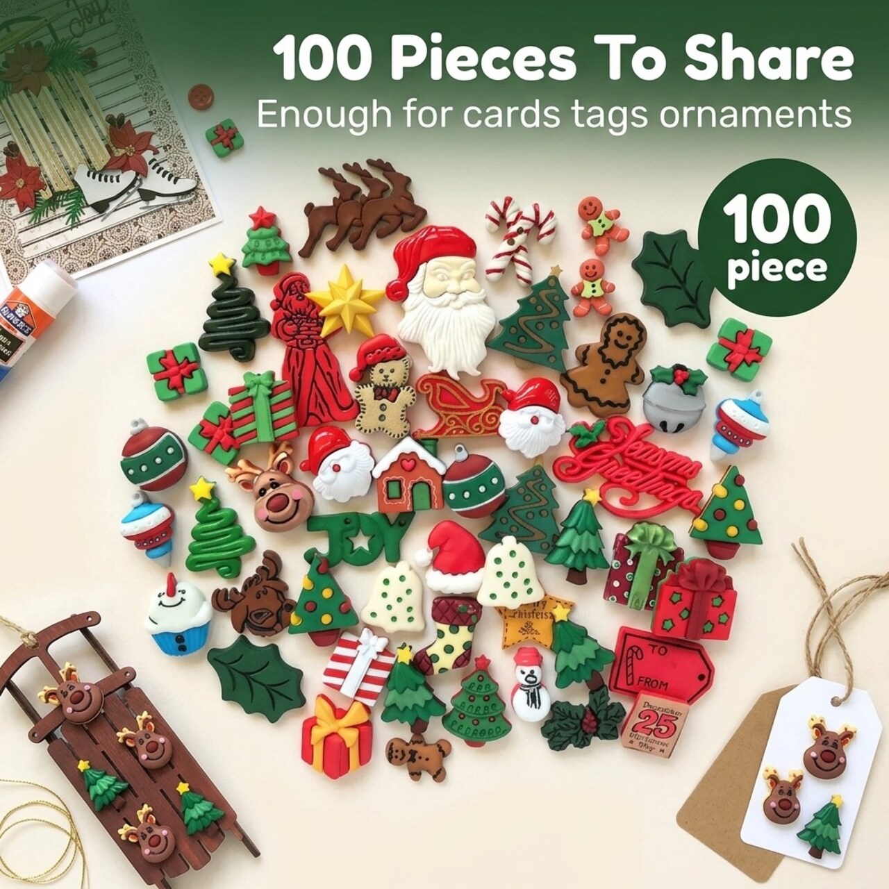 Christmas Button Assortment – 100-Piece Holiday Craft & Sewing Buttons, Includes Santa, Reindeer, Trees, Gifts & More for DIY, Scrapbooking & Decorations